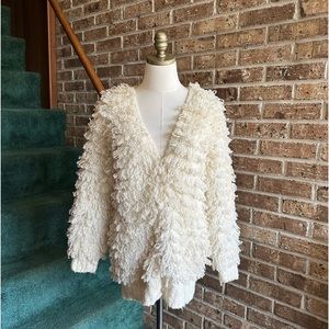 VTG 90s Retro Cream Frilly Shaggy Chunky Knit Loop Cardigan Sweater